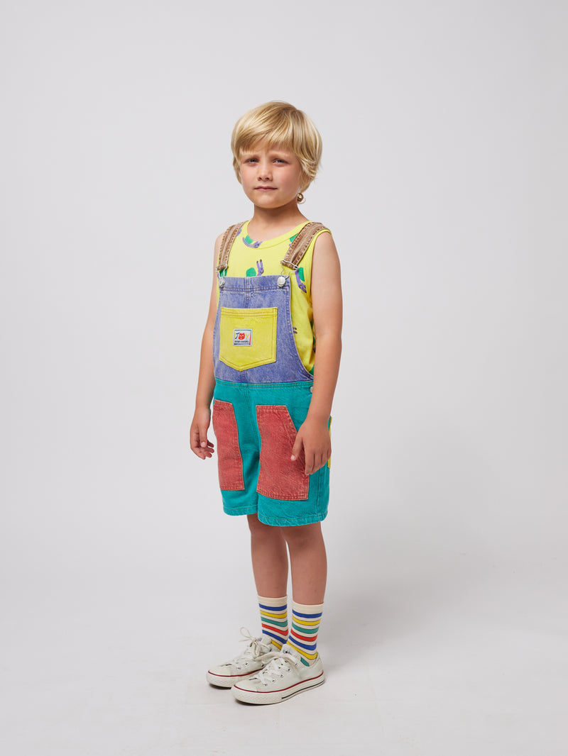 Smiling color block denim dungaree