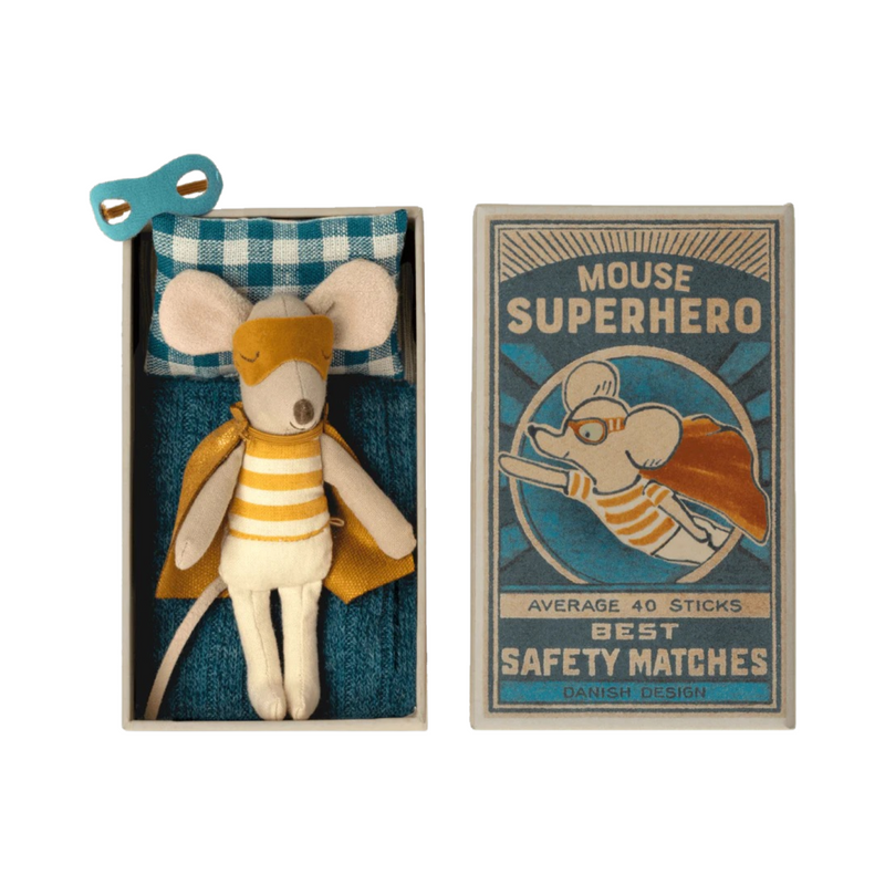 Superhero little brother mouse in a box