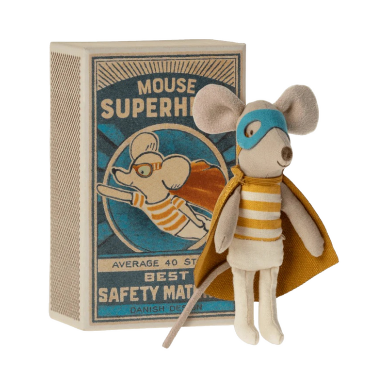 Superhero little brother mouse in a box