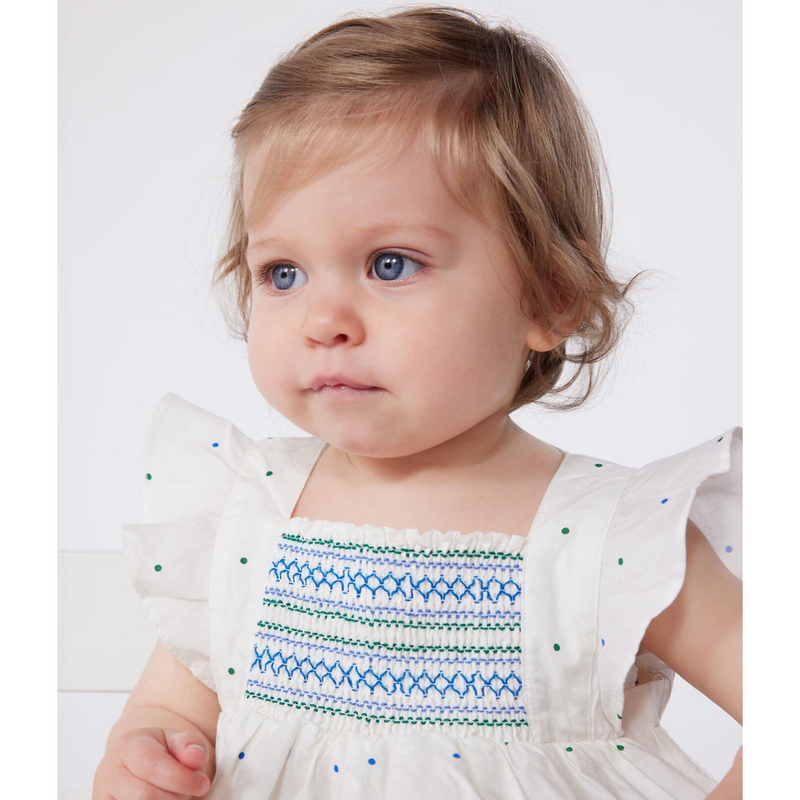 Babies' white cotton dress and bloomers