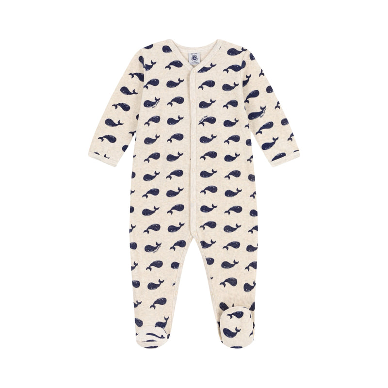 Navy whale patterned velour sleepsuit