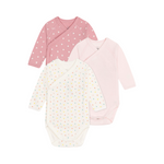 Set of 3 babies' long-sleeved printed cotton wrapover hearts bodysuits