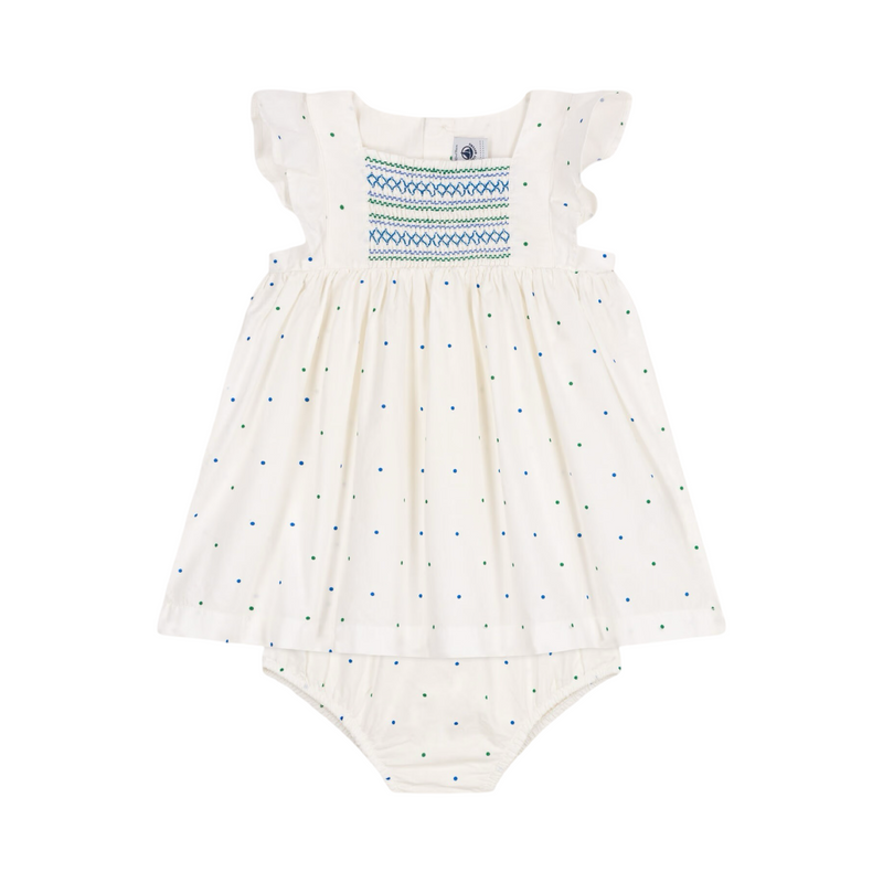 Babies' white cotton dress and bloomers