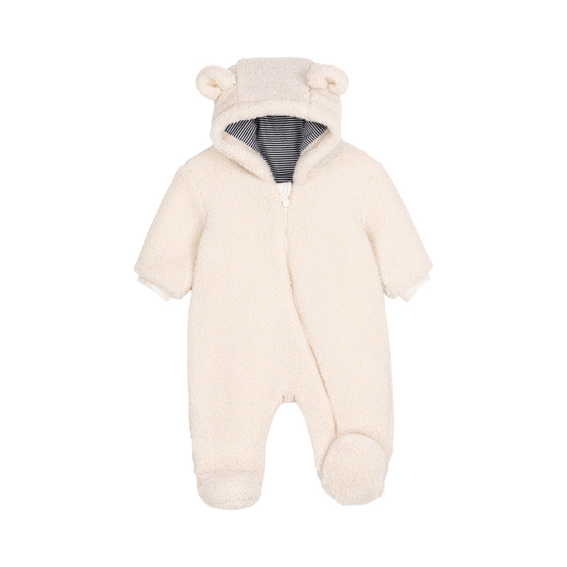 Babies' sherpa snowsuit with ears and a pinstriped lining