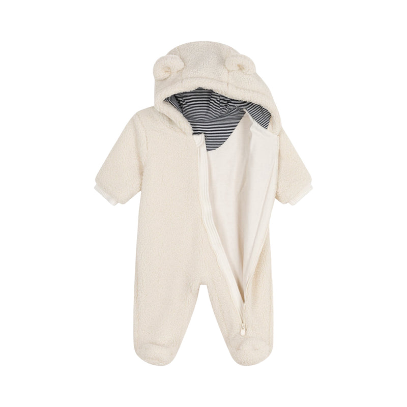 Babies' sherpa snowsuit with ears and a pinstriped lining