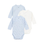 Set of 3 babies' long-sleeved printed cotton wrapover bodies