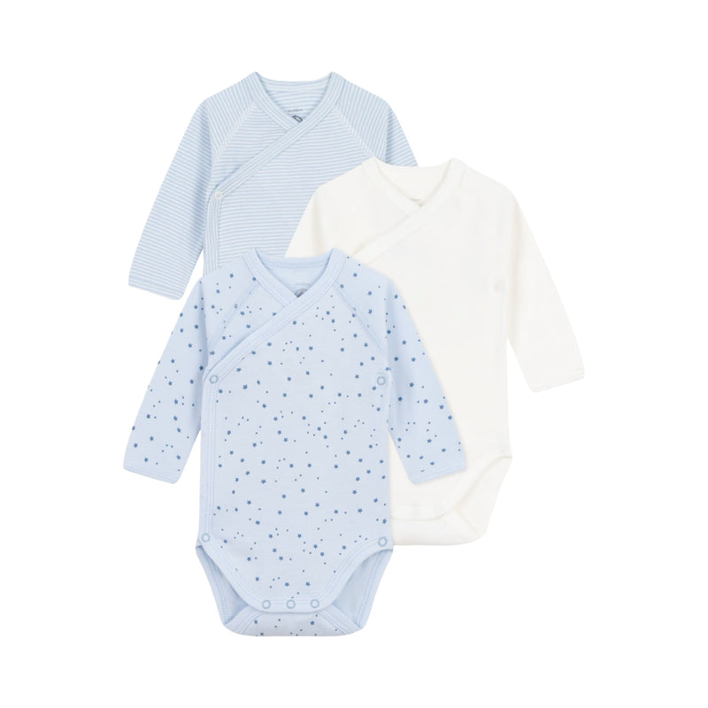 Set of 3 babies' long-sleeved printed cotton wrapover bodies