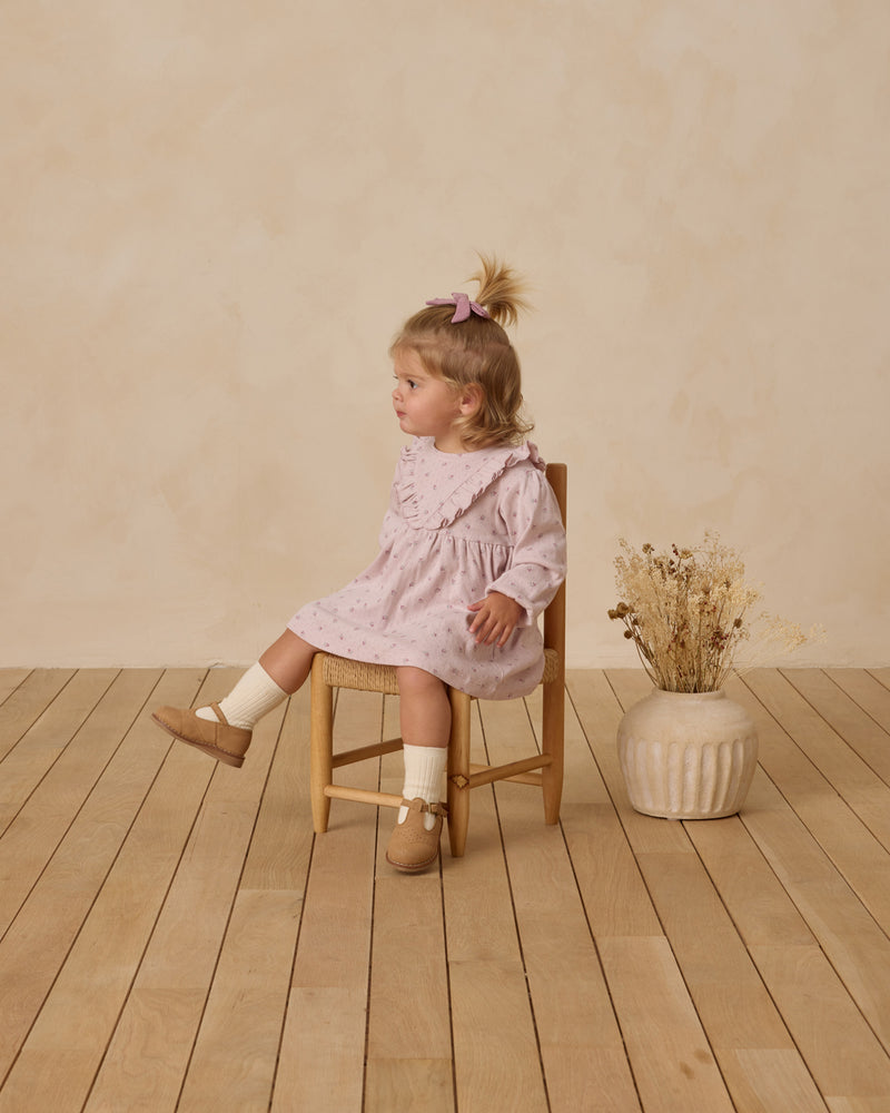 Lilac ditsy long sleeve ruffle v dress