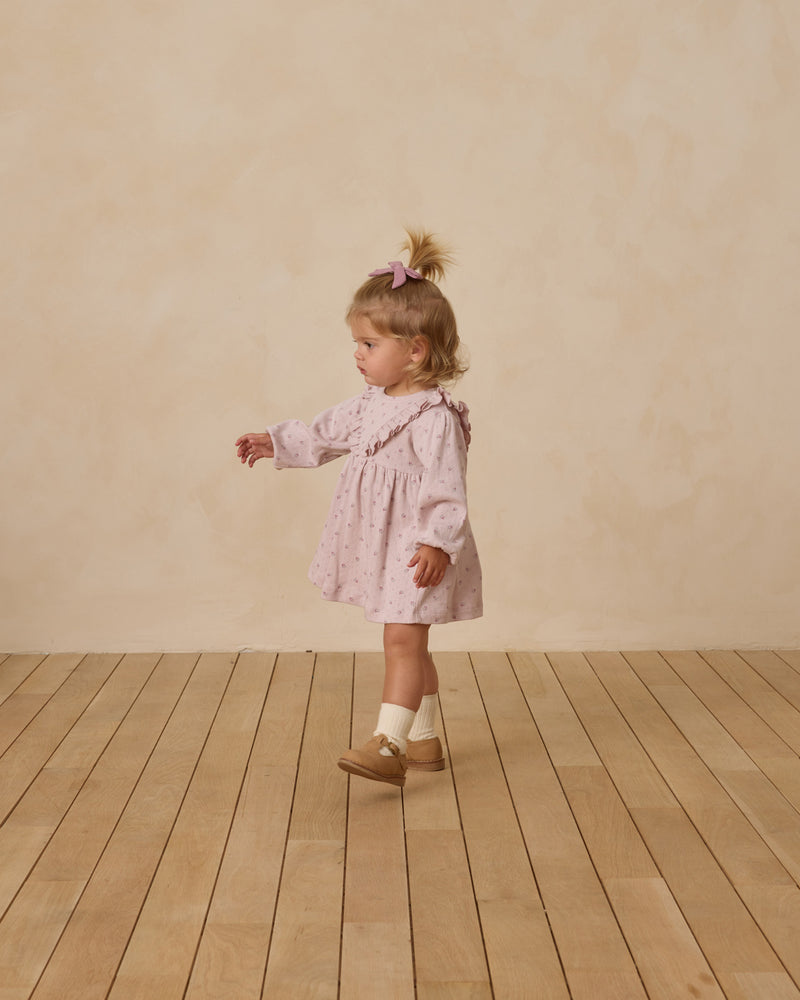 Lilac ditsy long sleeve ruffle v dress