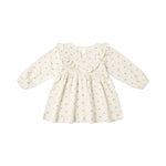 Blue ditsy long sleeve ruffle v dress
