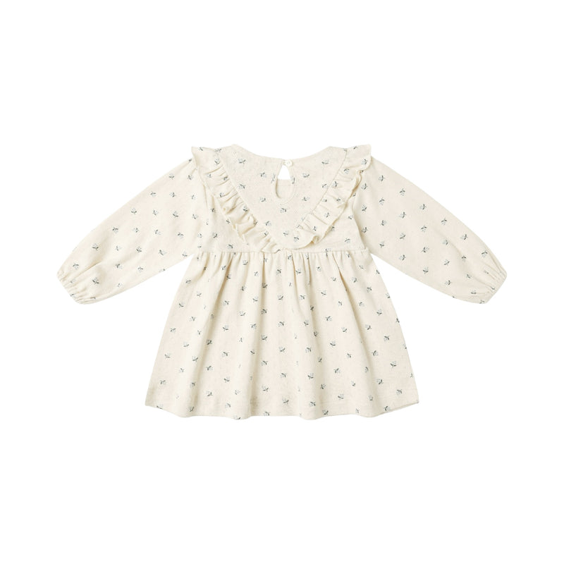 Blue ditsy long sleeve ruffle v dress