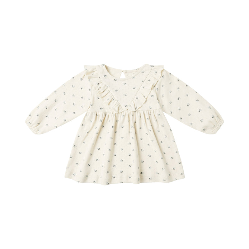 Blue ditsy long sleeve ruffle v dress