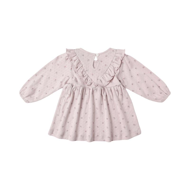 Lilac ditsy long sleeve ruffle v dress