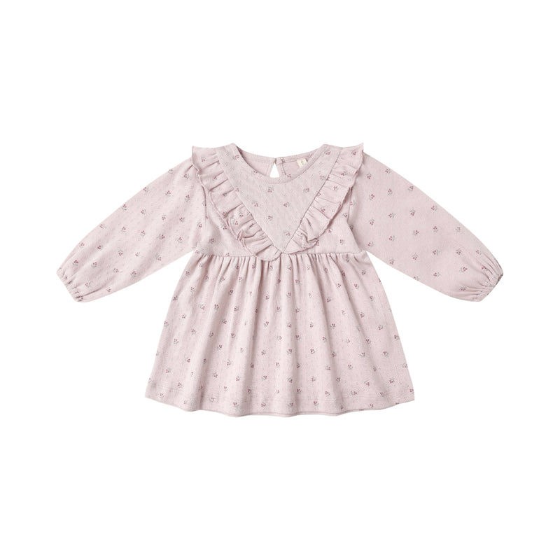 Lilac ditsy long sleeve ruffle v dress