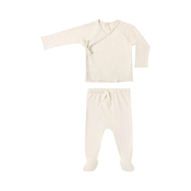 Natural wrap top + footed pant set