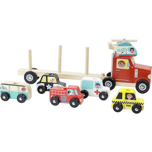 Stacking truck and trailer with vehicles